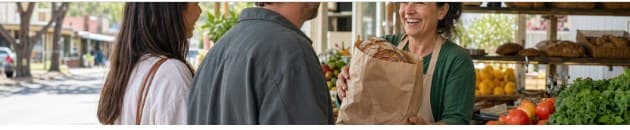 A grocer handing a paper bag of produce to two shoppers at a market stall.